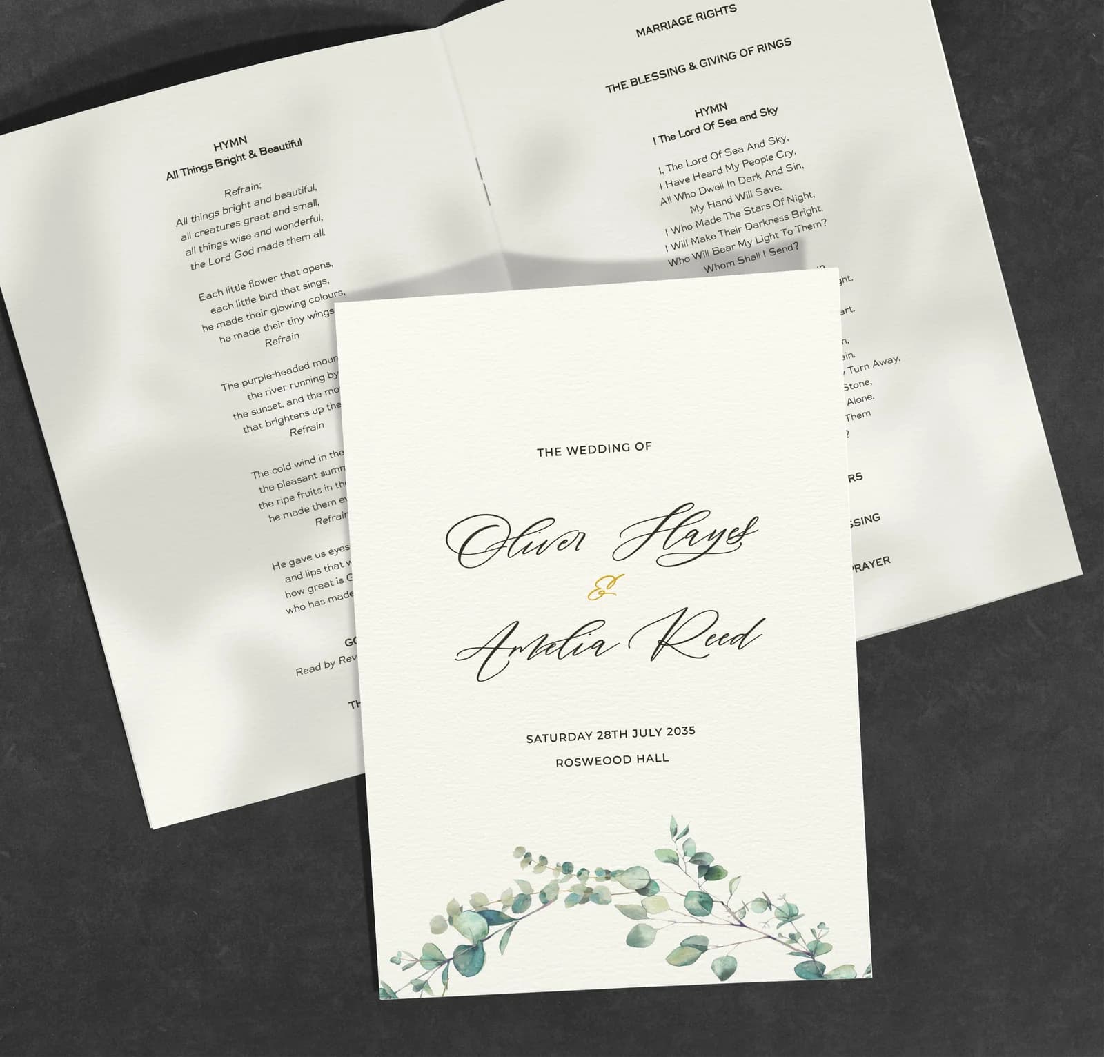 Olive Order of Service — on the day wedding stationery