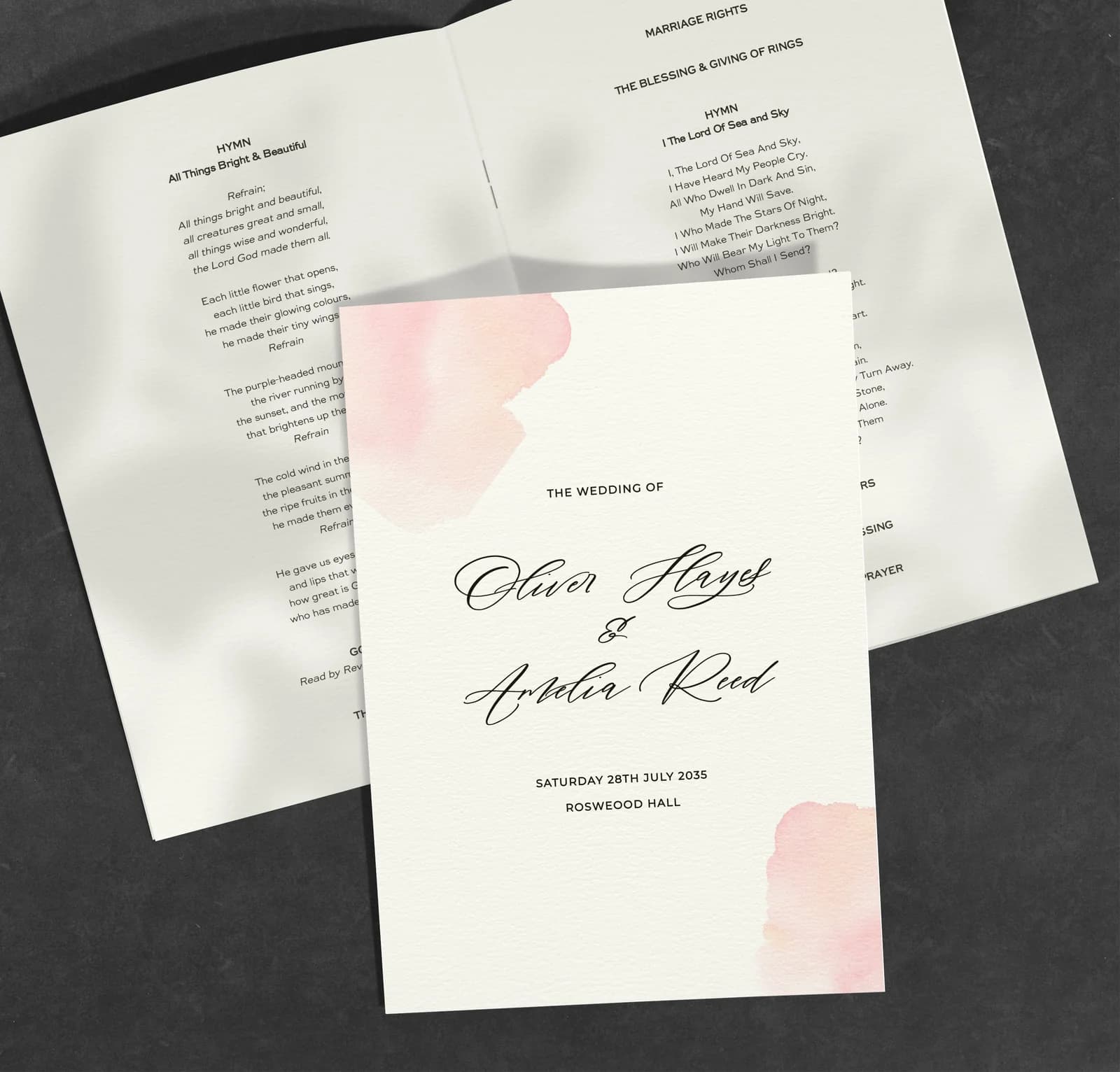 Pink Watercolour Order of Service — on the day wedding stationery