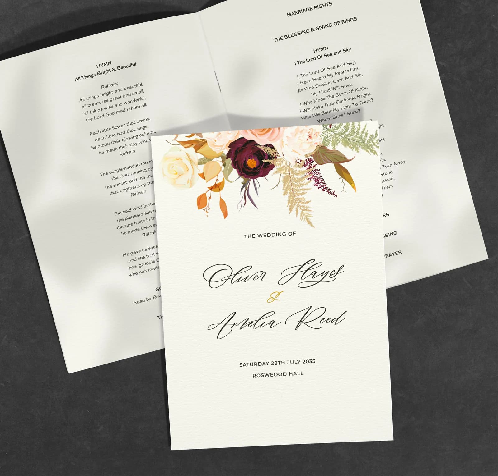 Potpourri Order of Service — on the day wedding stationery