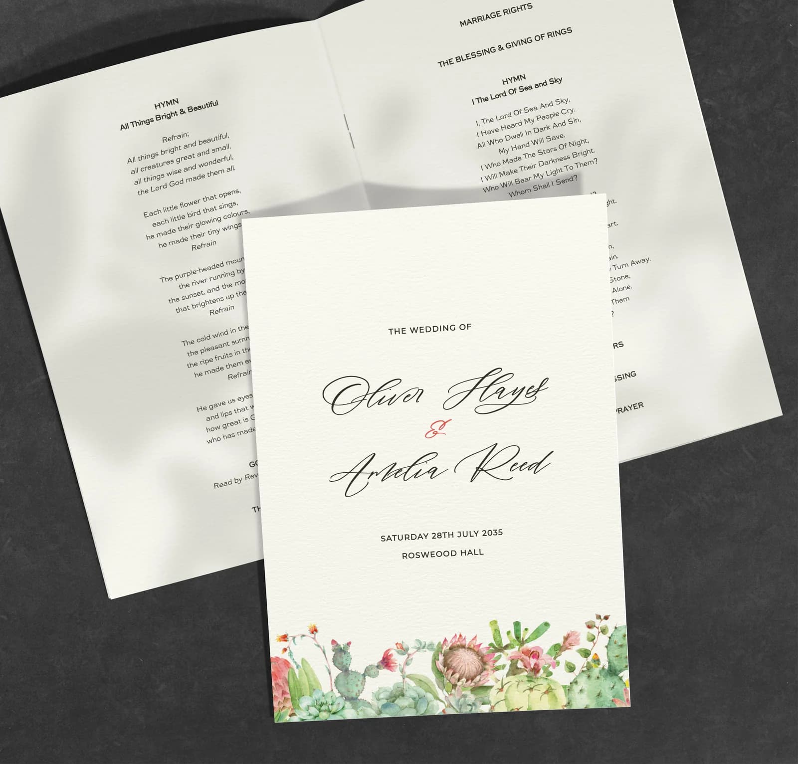 Succulents Order of Service — on the day wedding stationery