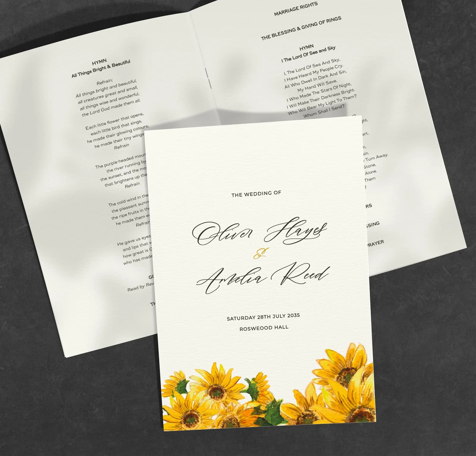 Sunflowers Order of Service — on the day wedding stationery