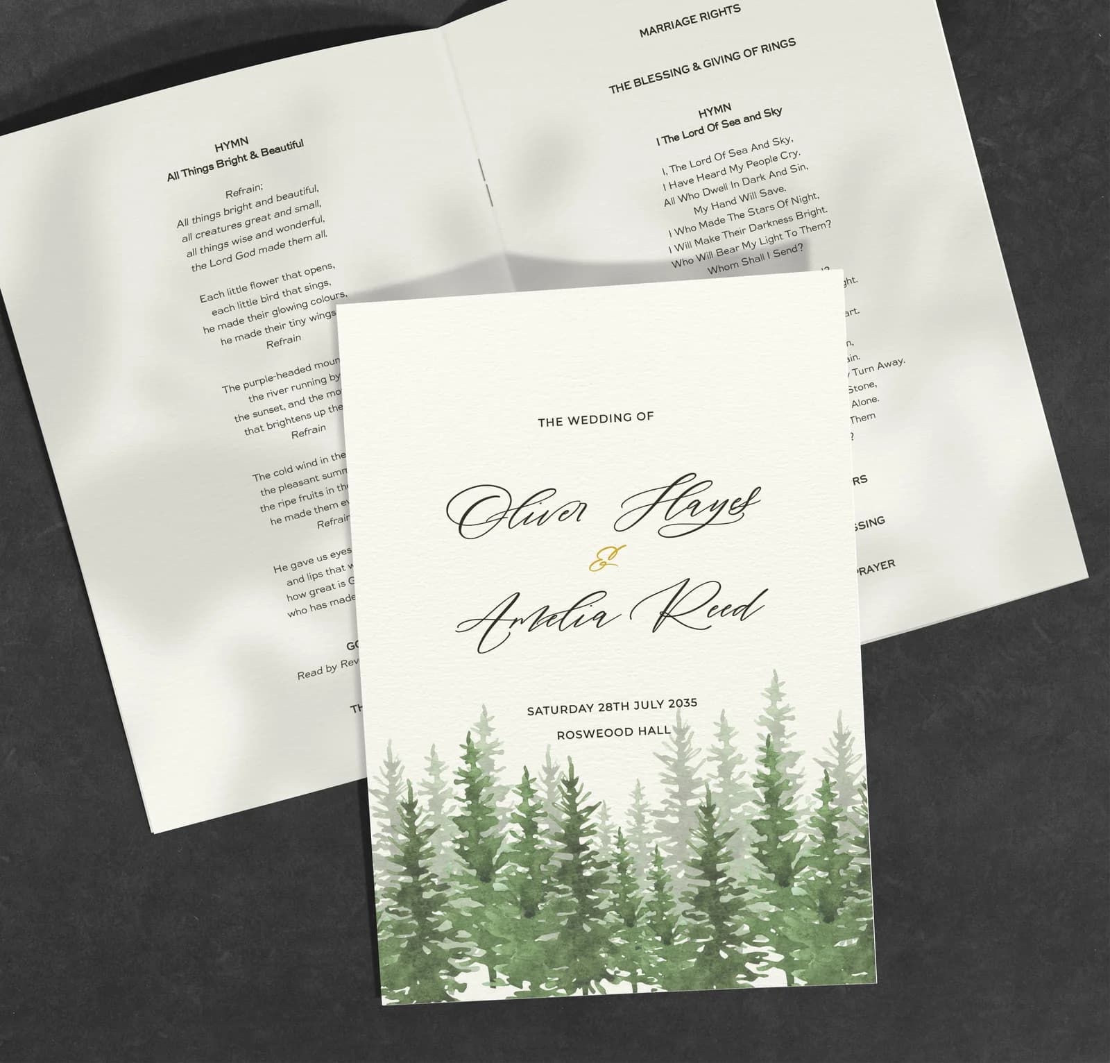 Trees Order of Service — on the day wedding stationery