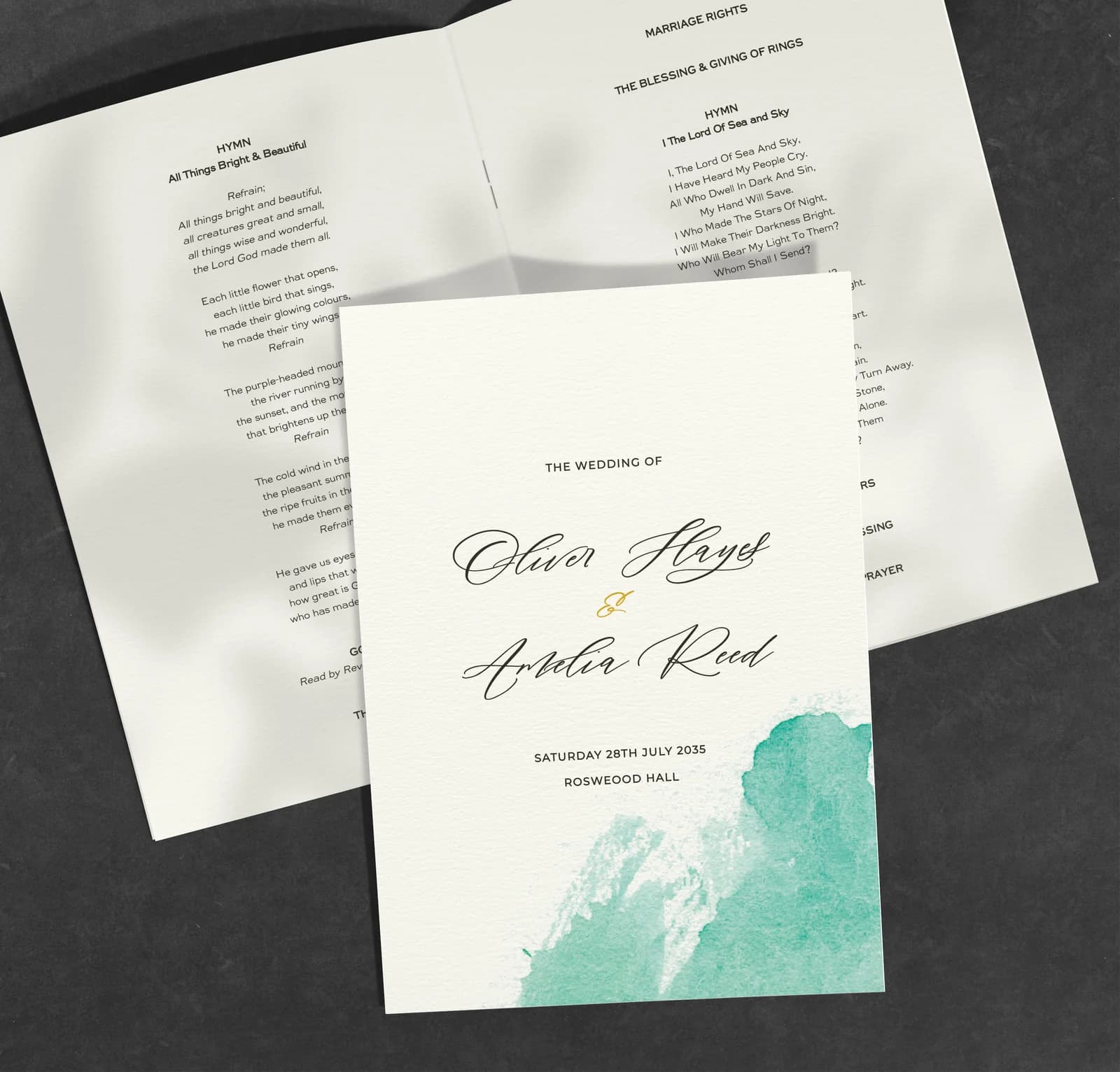 Turquoise Order of Service — on the day wedding stationery