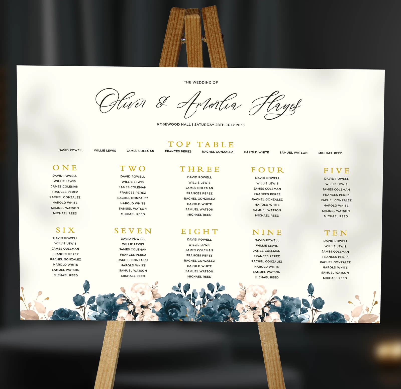 Blue Flowers Table Plan — on the day wedding stationery