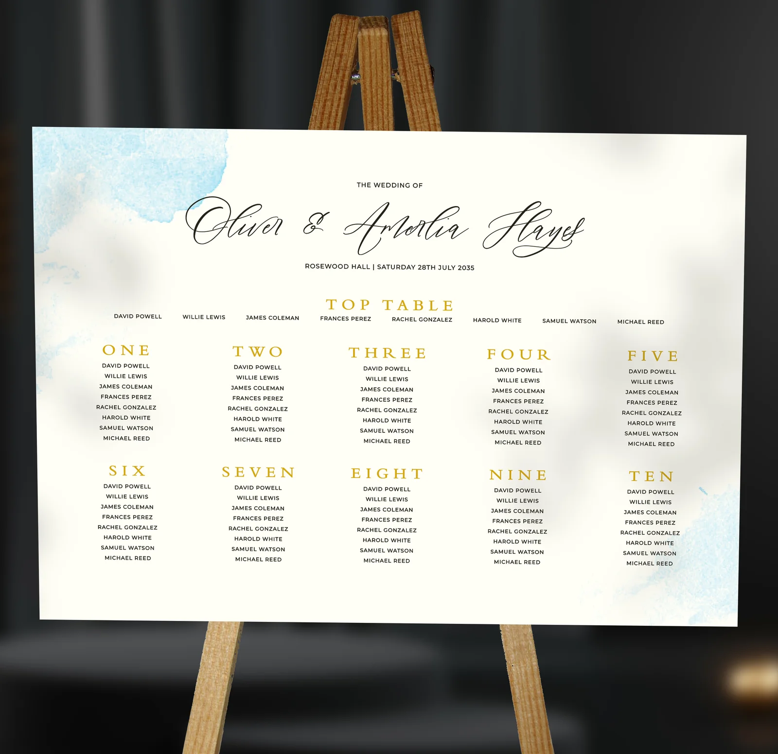 Blue Watercolour Table Plan — on the day wedding stationery
