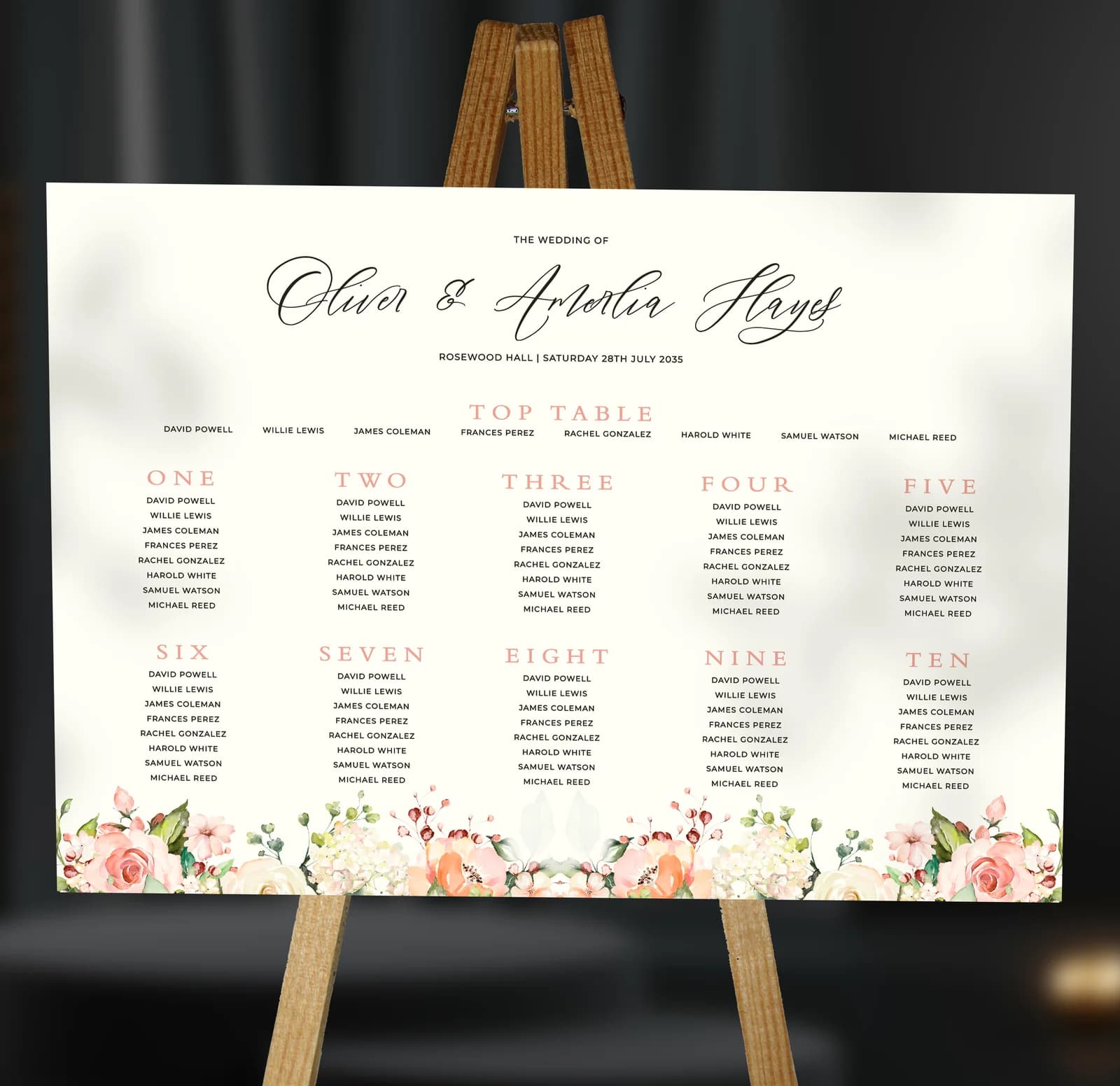 Blush Roses Table Plan — on the day wedding stationery