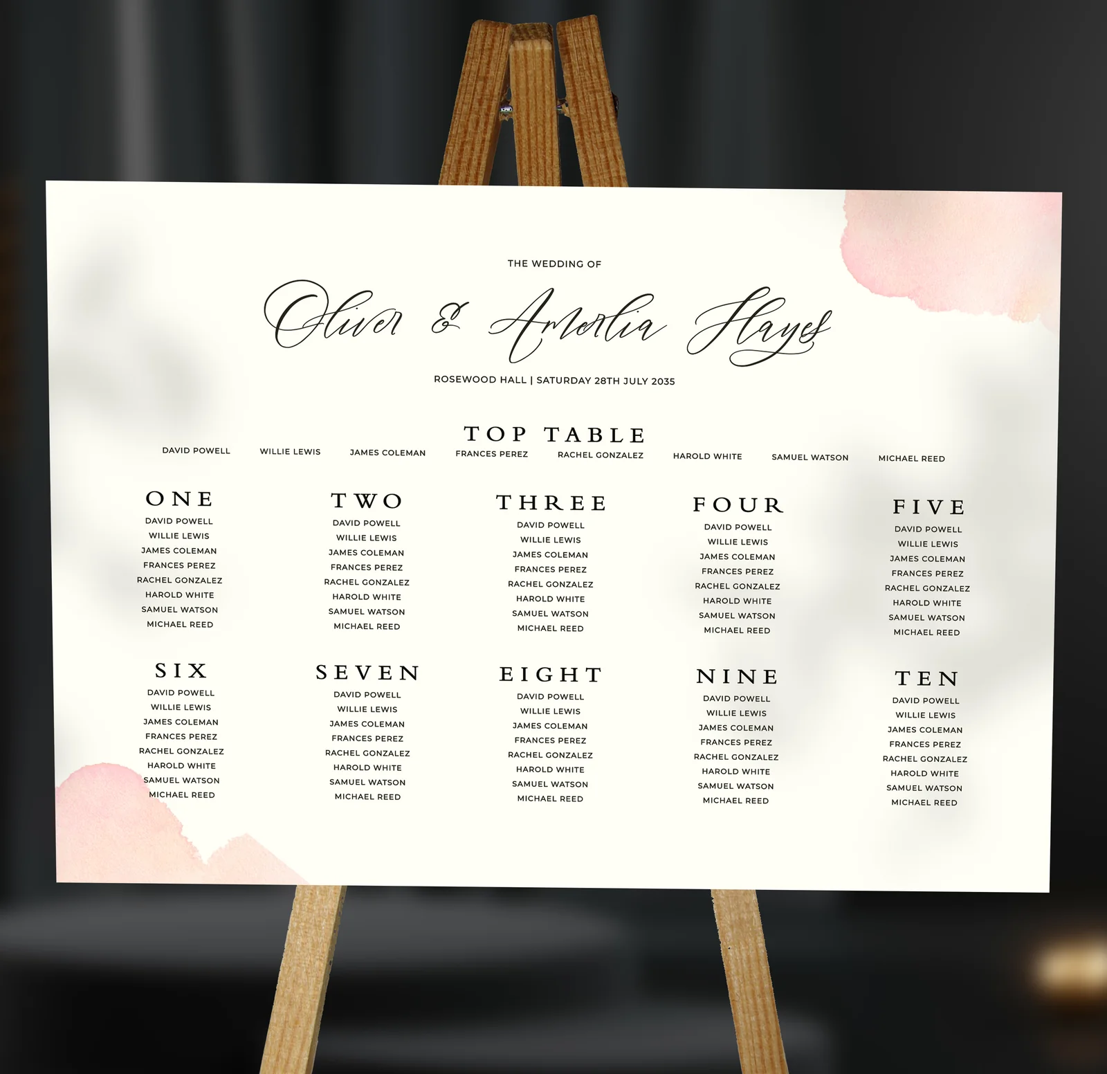 Pink Watercolour Table Plan — on the day wedding stationery