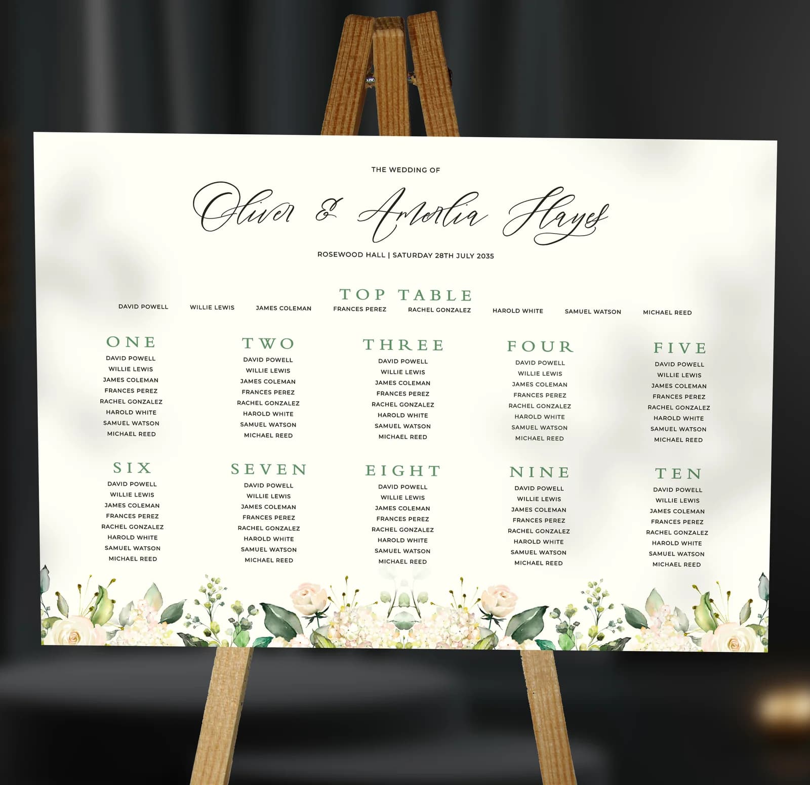 White Roses Table Plan — on the day wedding stationery