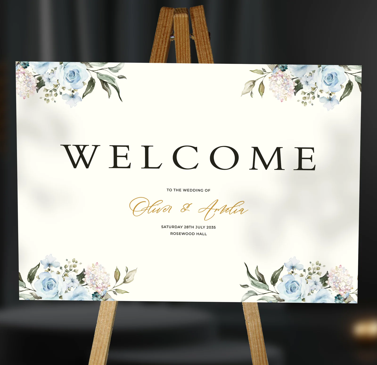 Blue Roses Welcome Sign — on the day wedding stationery