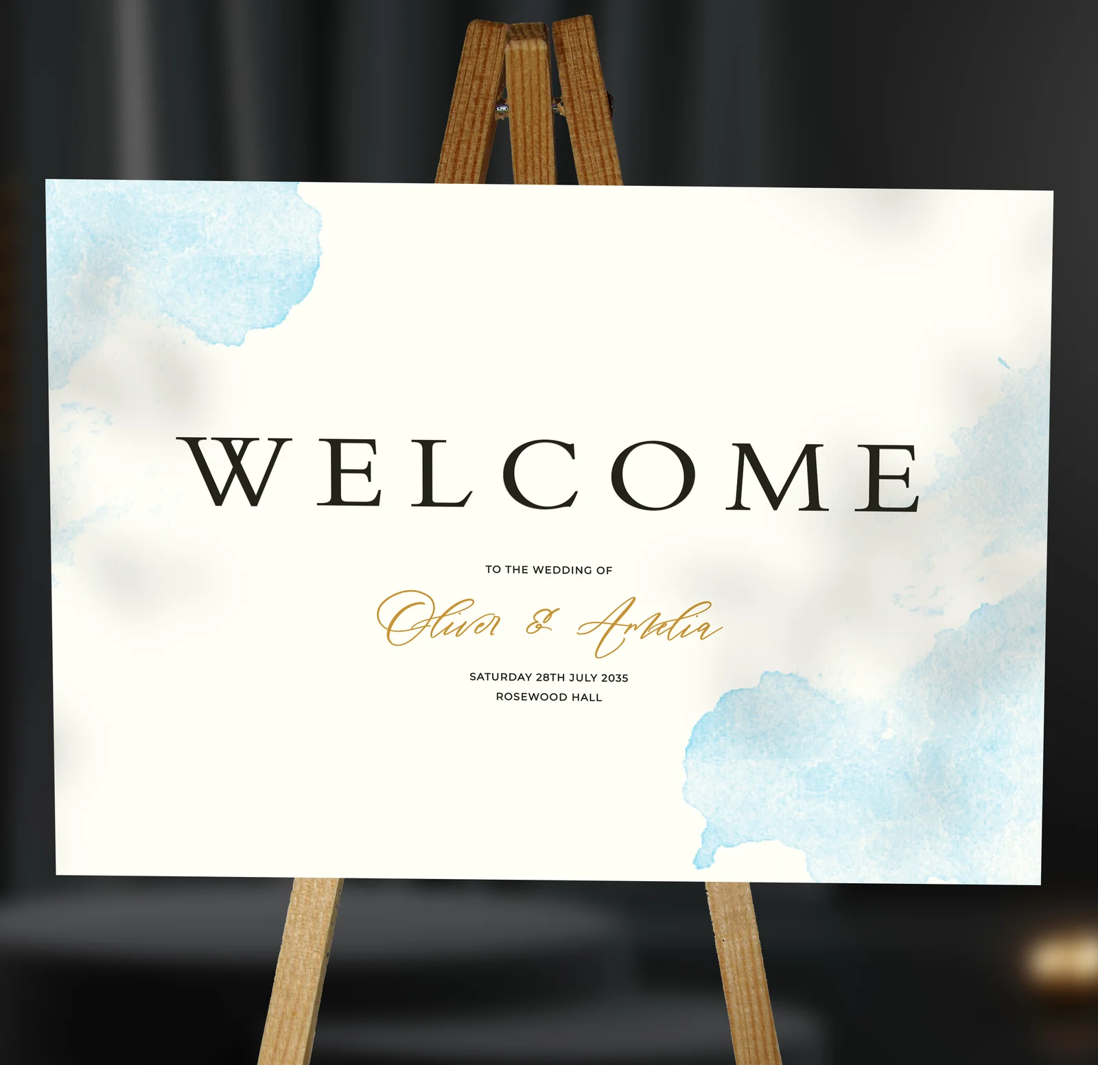 Blue Watercolour Welcome Sign — on the day wedding stationery