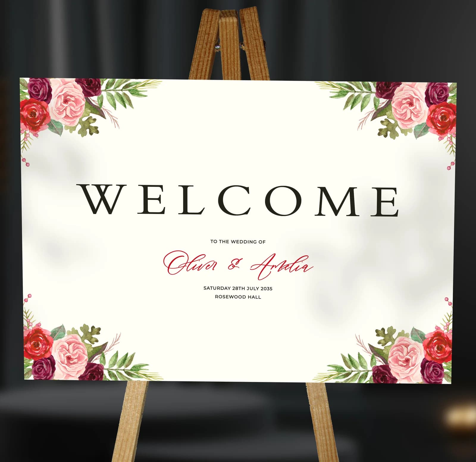 Burgundy Flowers Welcome Sign — on the day wedding stationery