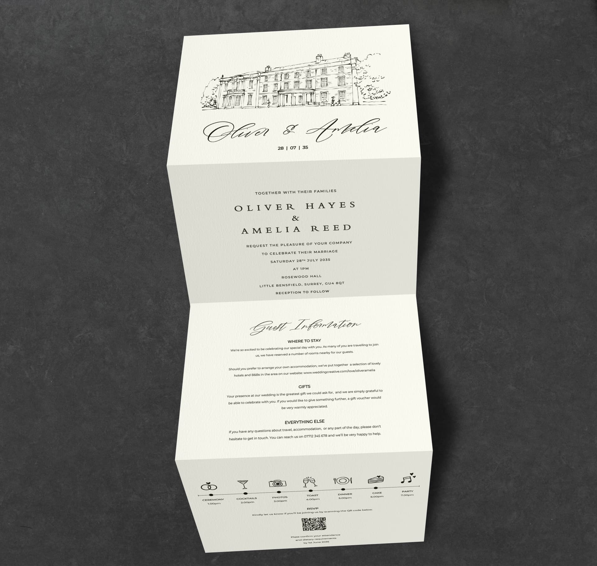 Classic Venue Sketch Concertina Invitation — invitation wedding stationery