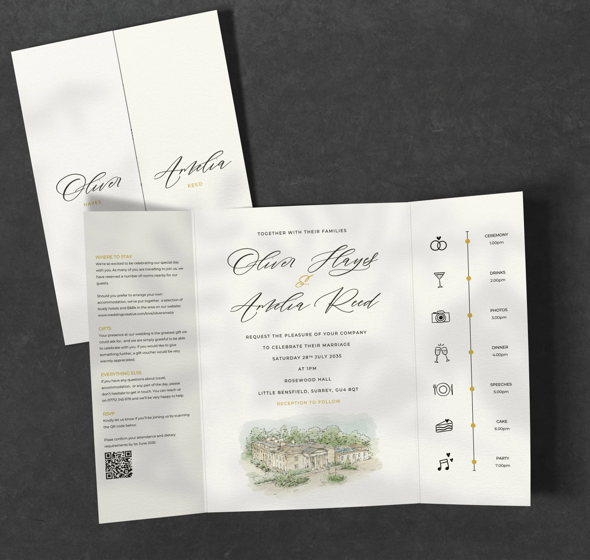 Classic Venue Illustration Gatefold Invitation — invitation wedding stationery